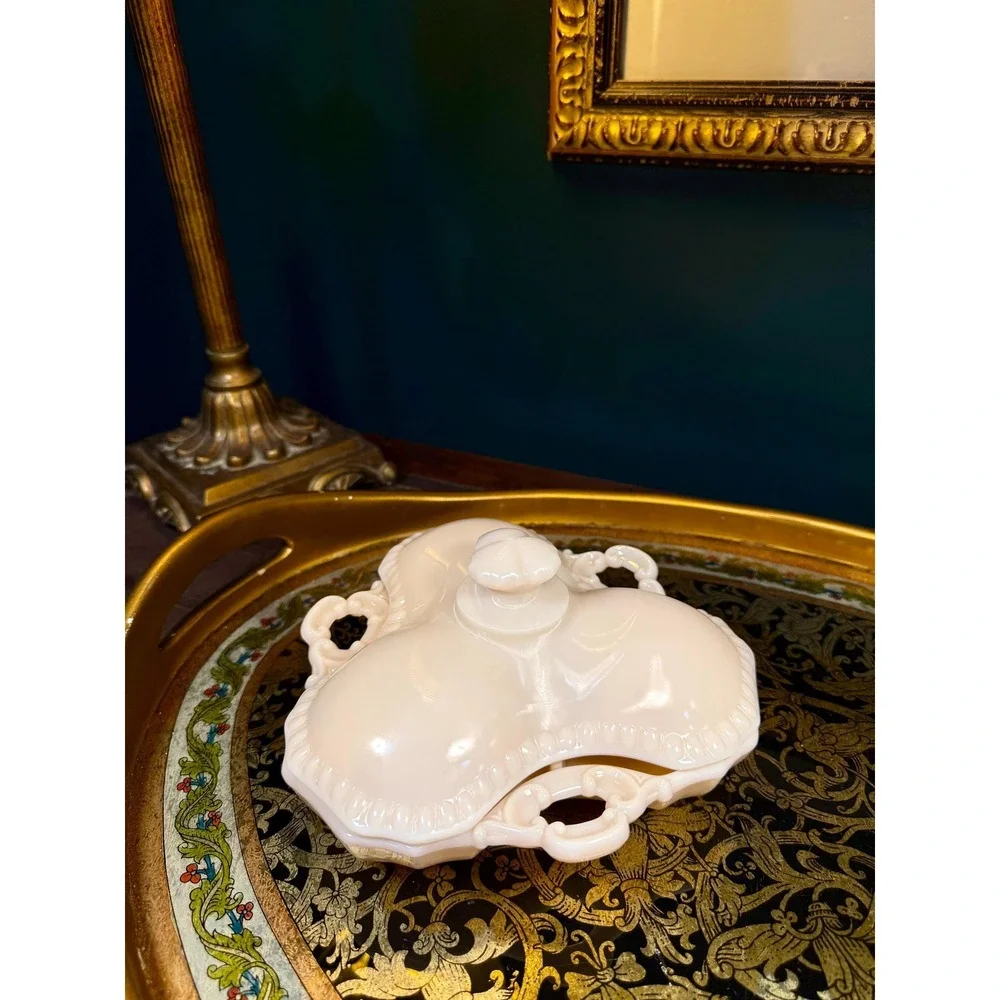 Vintage Pink Milk Glass‎ Lidded Divided Dish – Opaline Vanity or Candy Dish